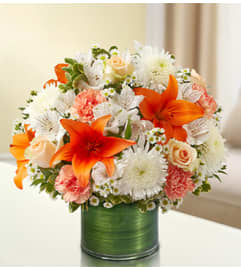 Cherished Memories - Peach, Orange and White. An arrangement by Blessing and Blooms Florist.