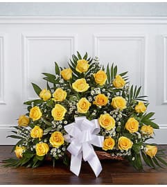Thoughts and Prayers™ Yellow Fireside Basket. An arrangement by Blessing and Blooms Florist.