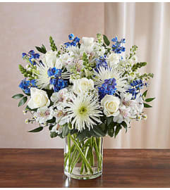 Sincerest Sorrow™ - Blue and White. An arrangement by Blessing and Blooms Florist.