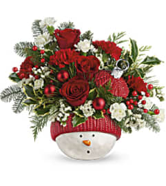 Teleflora's Snowman Ornament Bouquet 2020. An arrangement by GardeLina Flowers.