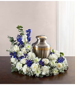 Cremation Wreath - Blue and White. An arrangement by Graceland Florist.