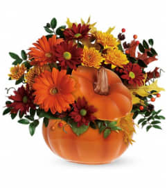 Teleflora's Country Pumpkin. An arrangement by Pompano Beach Floral.