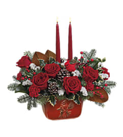 A Teleflora's Christmas Classic Centerpiece. An arrangement by Margaret's Florist.