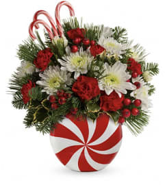 Teleflora's Candy-Striped Christmas Bouquet. An arrangement by Pompano Beach Floral.