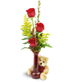 Rose Trio™ with Plush Bear. An arrangement by Abundant Flowers and Gift Shoppe.