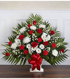 Heartfelt Tribute Red and White Floor Basket. An arrangement by Graceland Florist.