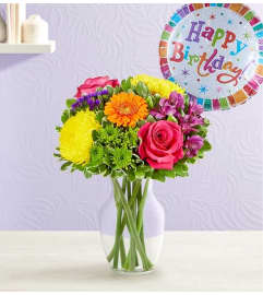 Fields of Europe® Celebration with Happy Birthday Balloon. An arrangement by Lovingly.