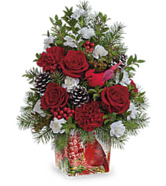 The Teleflora's Cardinal In Flight Tree. An arrangement by Marivel's Florist and Gifts.