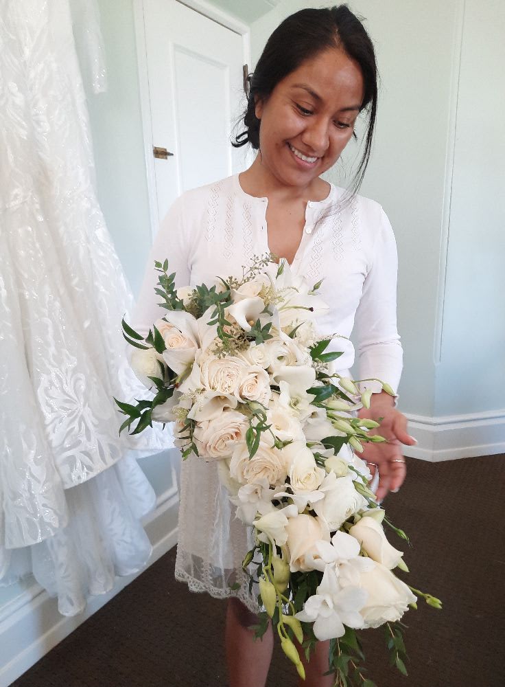 Romantic bridal bouquet with roses and eucalyptus