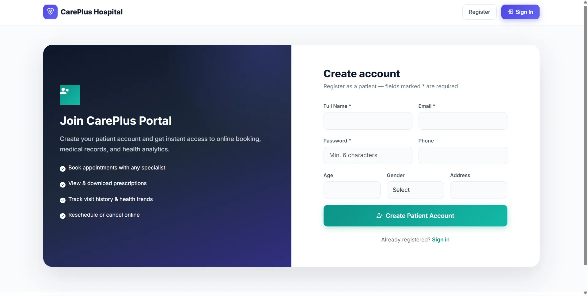 Hospital Management System live demo preview