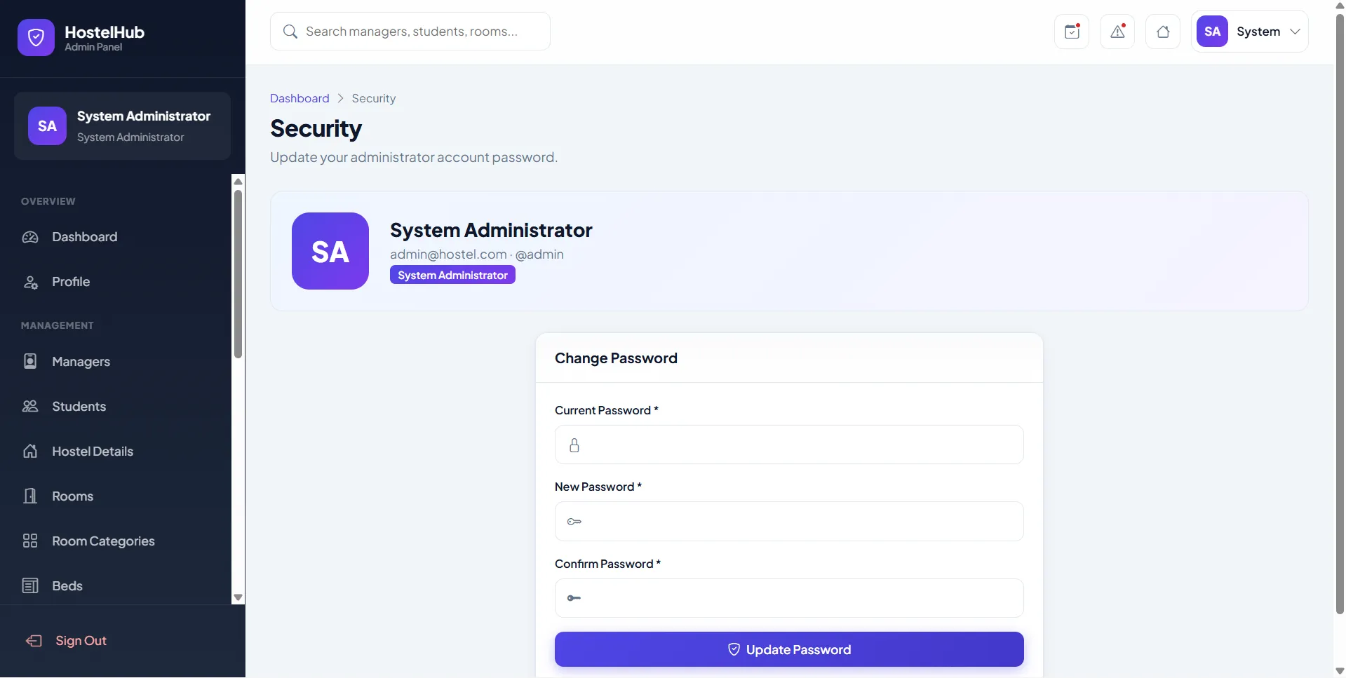 Hostel Management System in PHP live demo preview