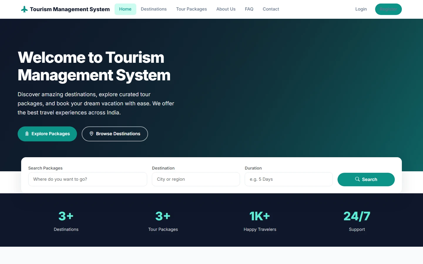 Tourism Management System Final Year Project live demo preview