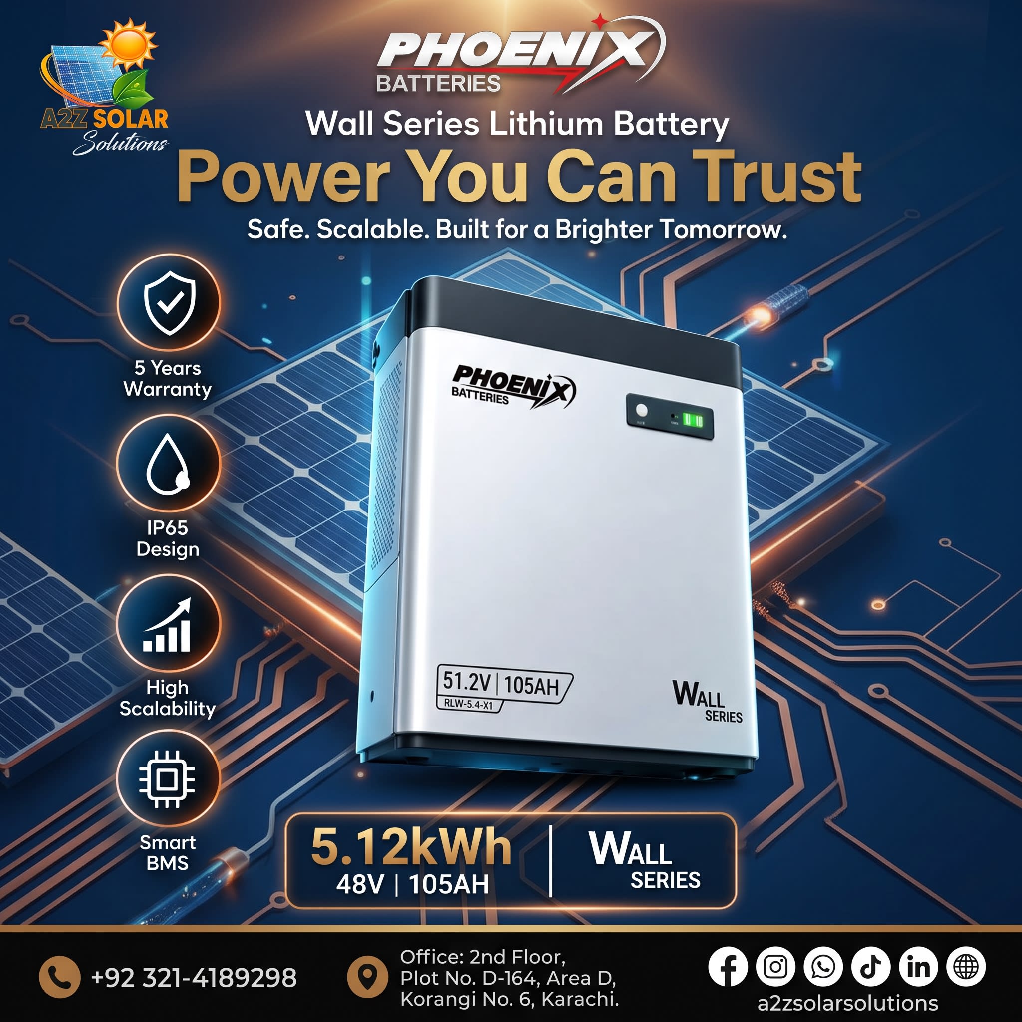 Phoenix Wall Series 5.12kWh 48V / 51.2V 105AH Lithium Battery (IP65, Smart BMS)