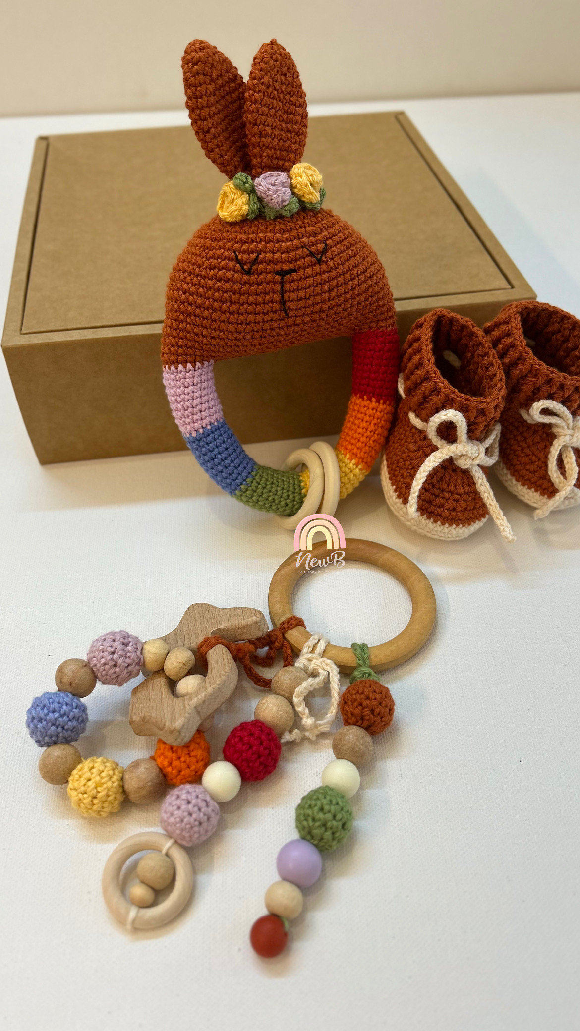 Brown Bunny Rattle Teether & Booties Set
