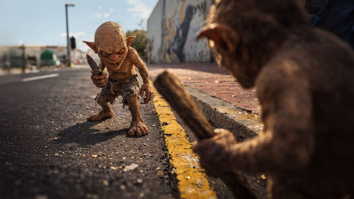Two CGI goblin creatures facing off on a street in Matalascanas, from the Los Duendes music video