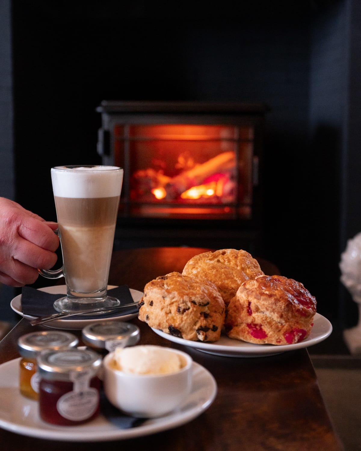Latte and fresh scones by the fireside at The Mallard Hotel, Gullane