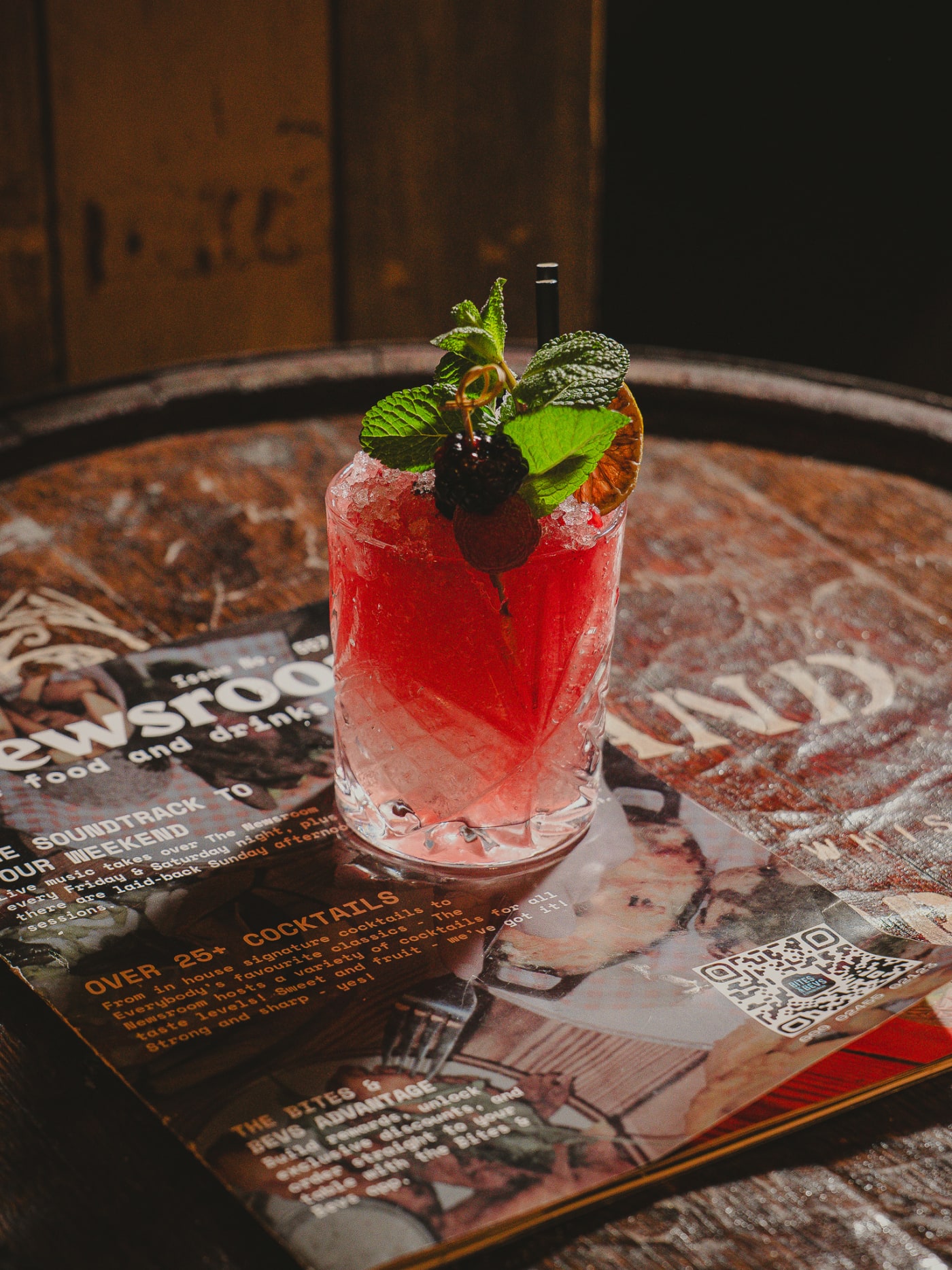 Berry cocktail with mint served on the Newsroom cocktail menu
