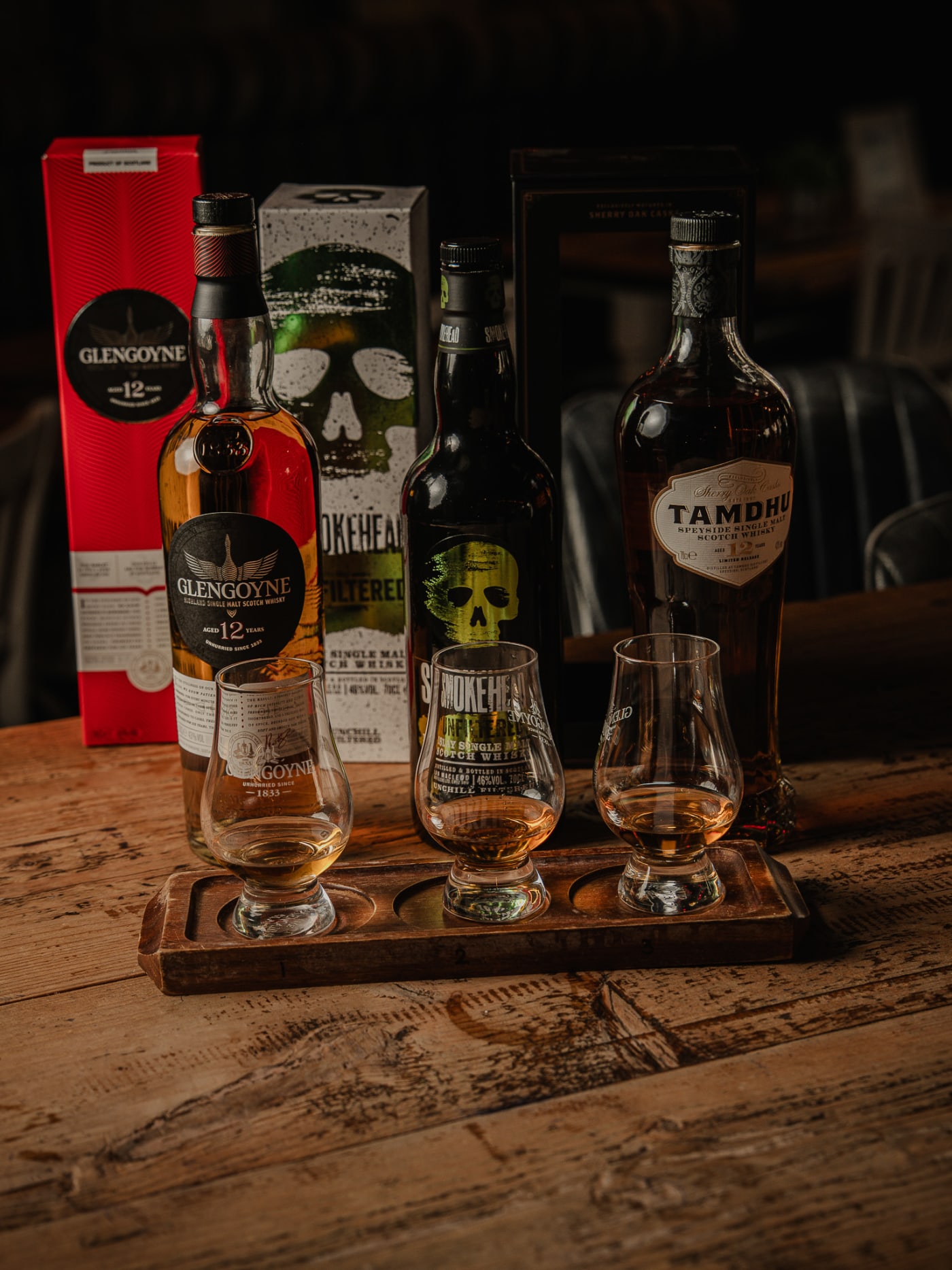 Whisky tasting flight with Glengoyne, Tamdhu and Smokehead at Newsroom