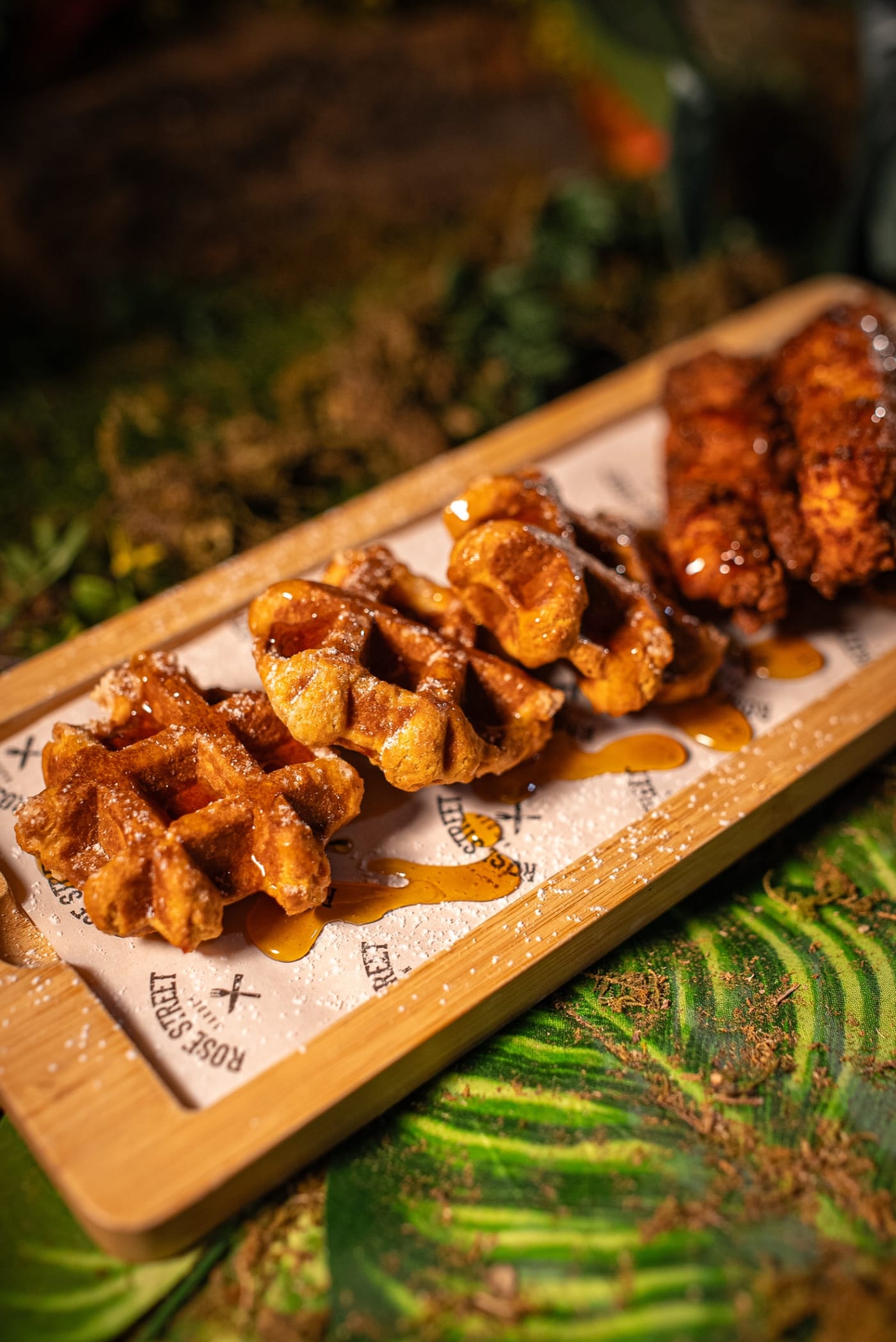 Waffles with fried chicken and maple syrup at Rose Street Garden, Edinburgh