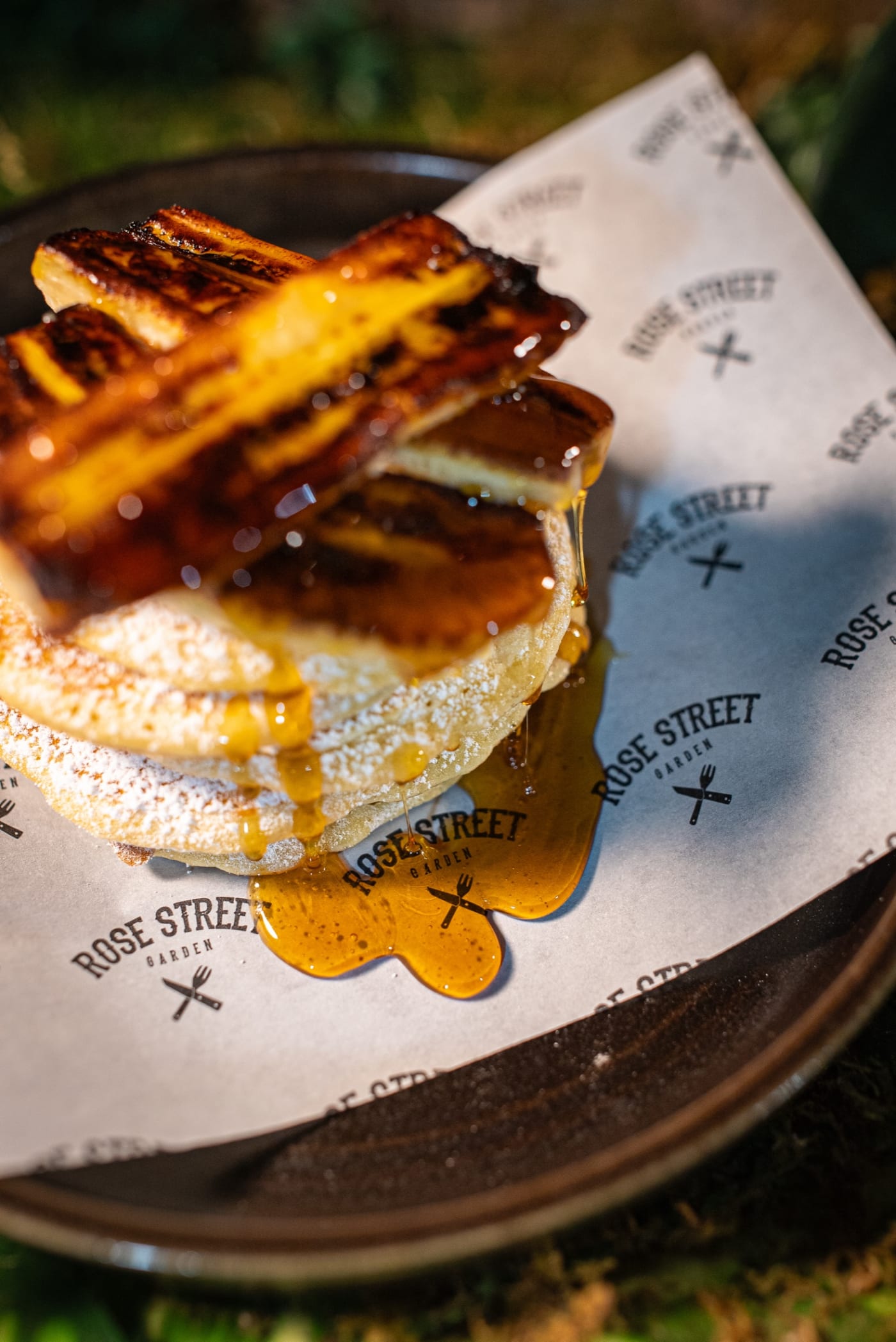 Pancake stack topped with grilled banana at Rose Street Garden, Edinburgh