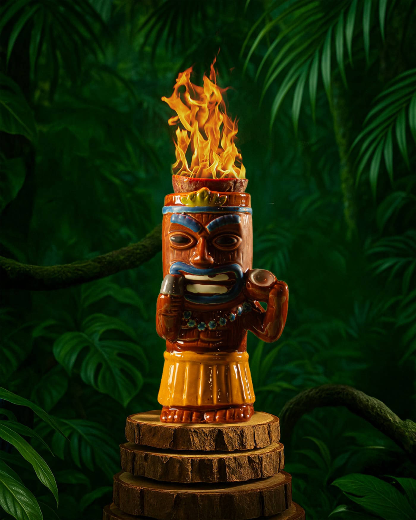 Tiki mug cocktail crowned with fire at Rose Street Garden, Edinburgh