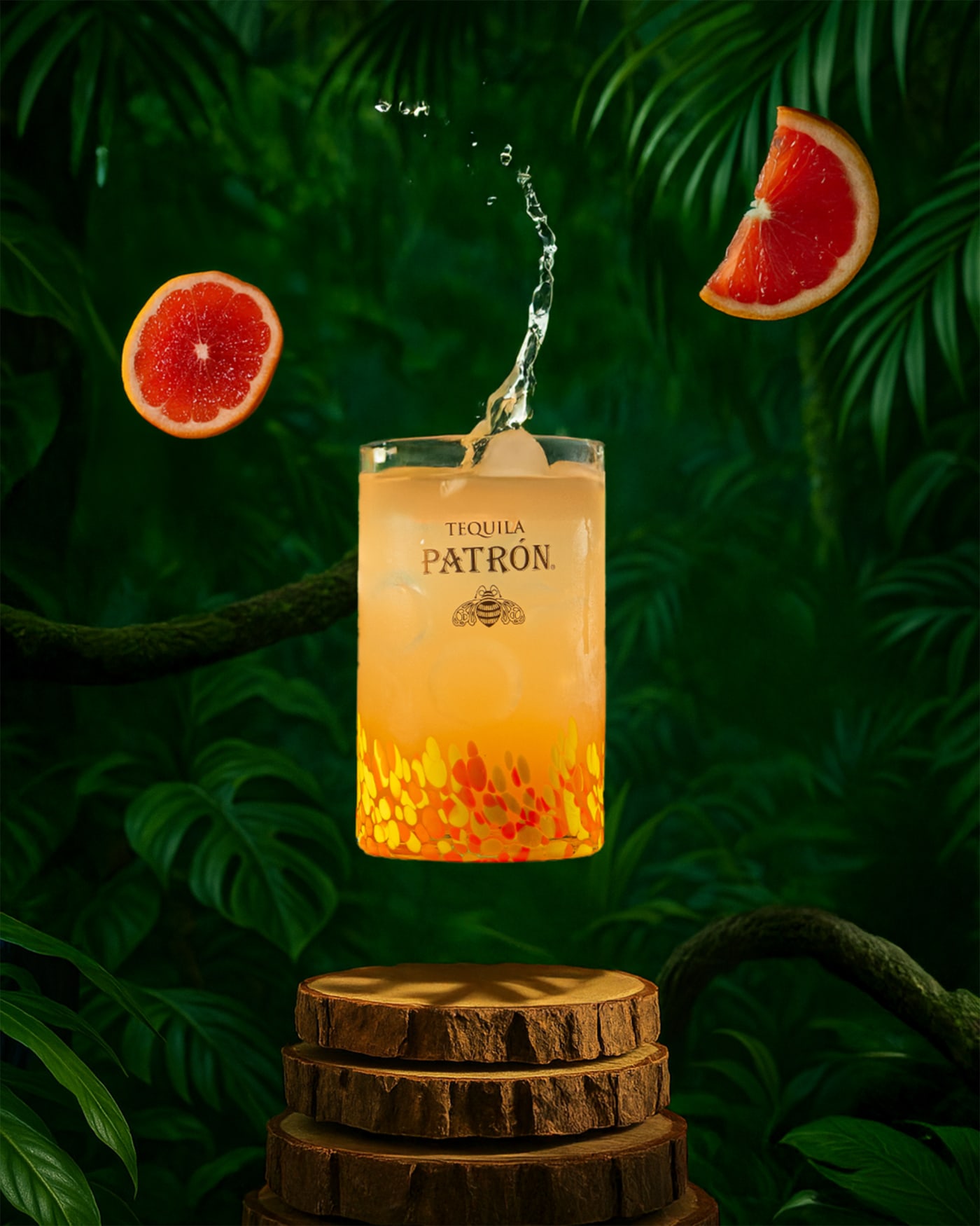 Patron tequila cocktail with blood orange caught mid-splash at Rose Street Garden, Edinburgh
