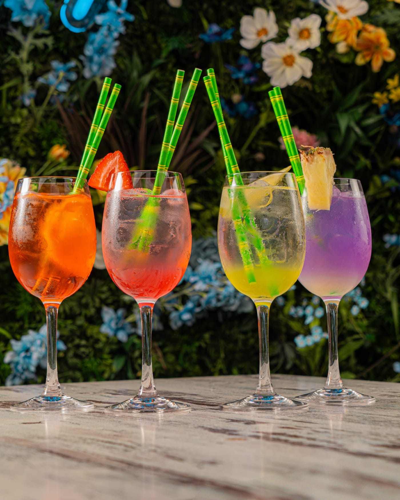 Four spritzes in a row on the flower wall terrace at Rose Street Garden, Edinburgh
