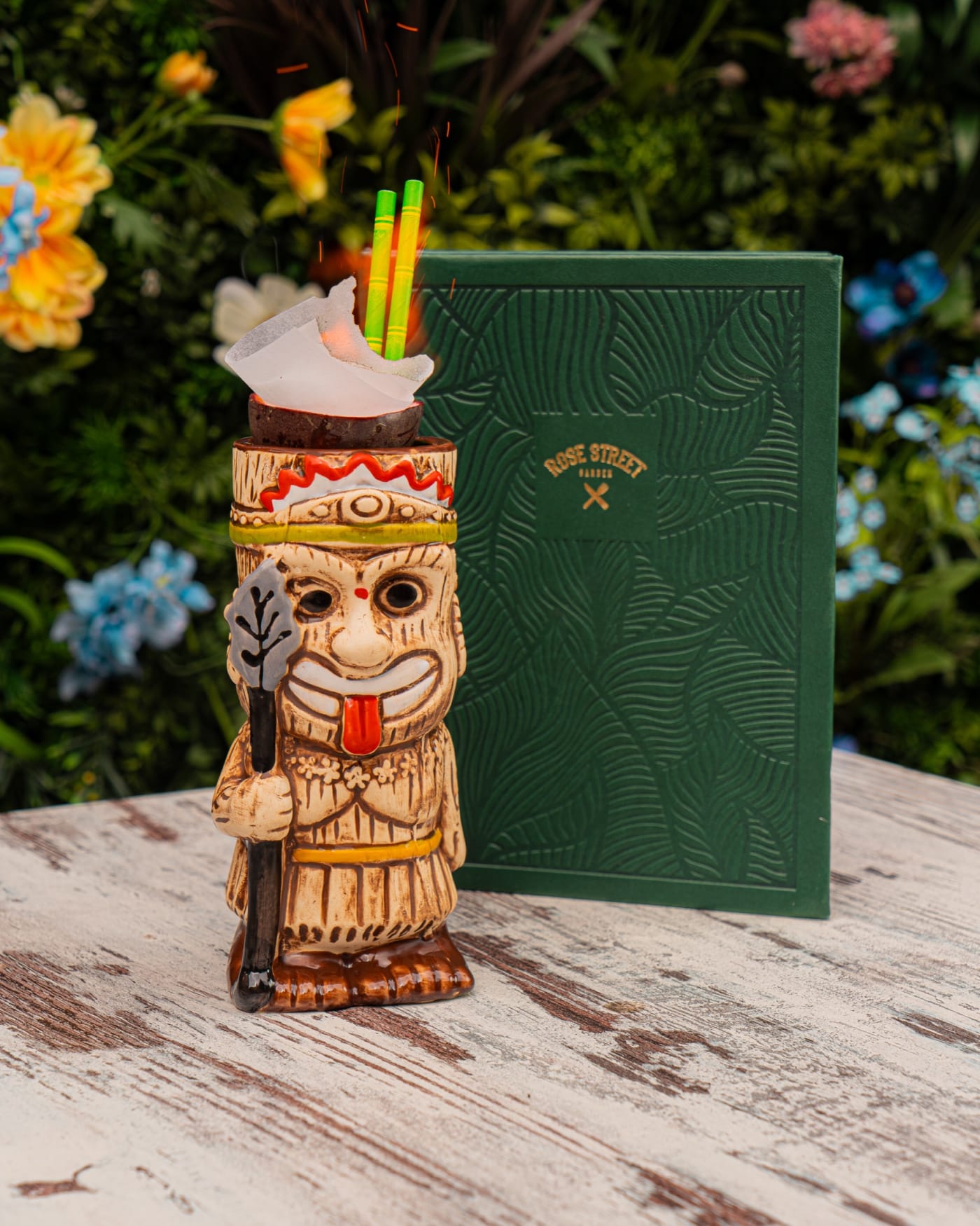 Hand-painted tiki totem mug serve at Rose Street Garden, Edinburgh