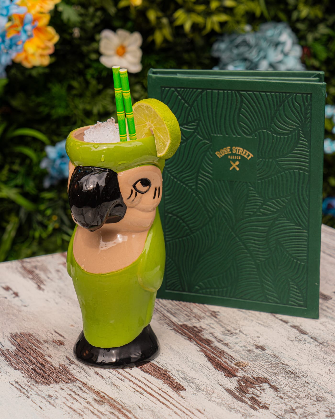 Parrot tiki mug cocktail with lime at Rose Street Garden, Edinburgh