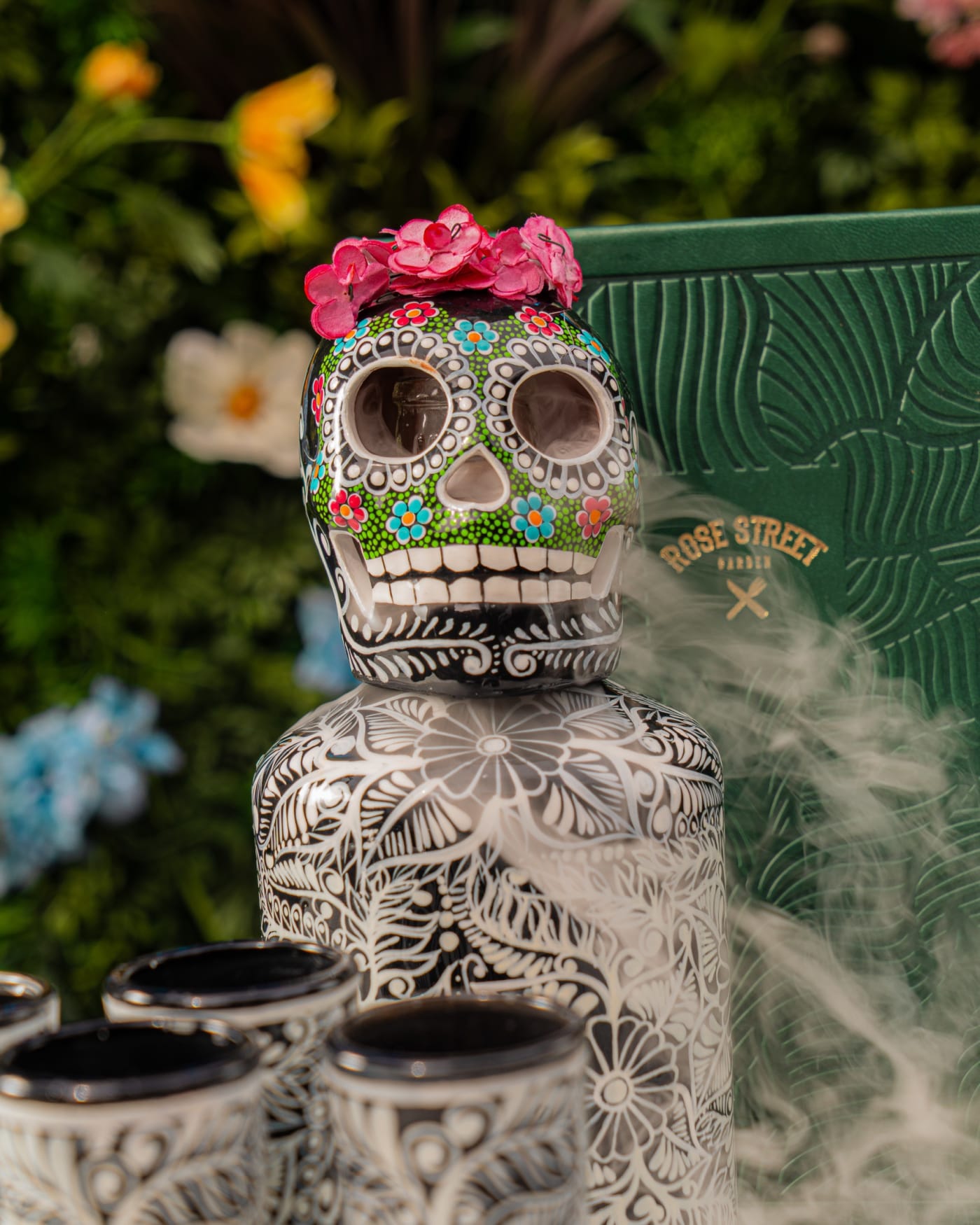 Day of the Dead skull decanter with shot glasses at Rose Street Garden, Edinburgh