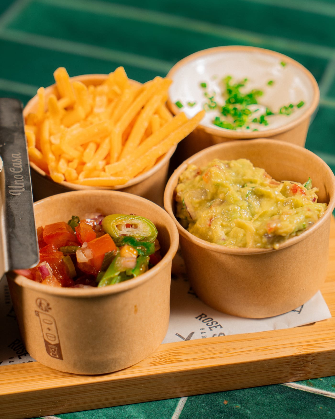 Fries with salsa and guacamole dips at Rose Street Garden, Edinburgh