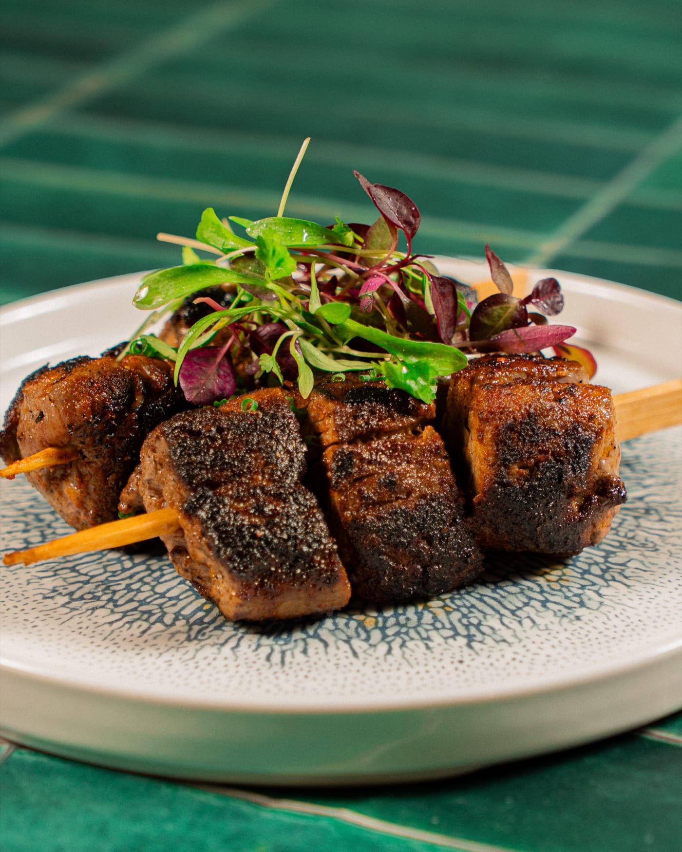 Charred beef skewers with microgreens at Rose Street Garden, Edinburgh