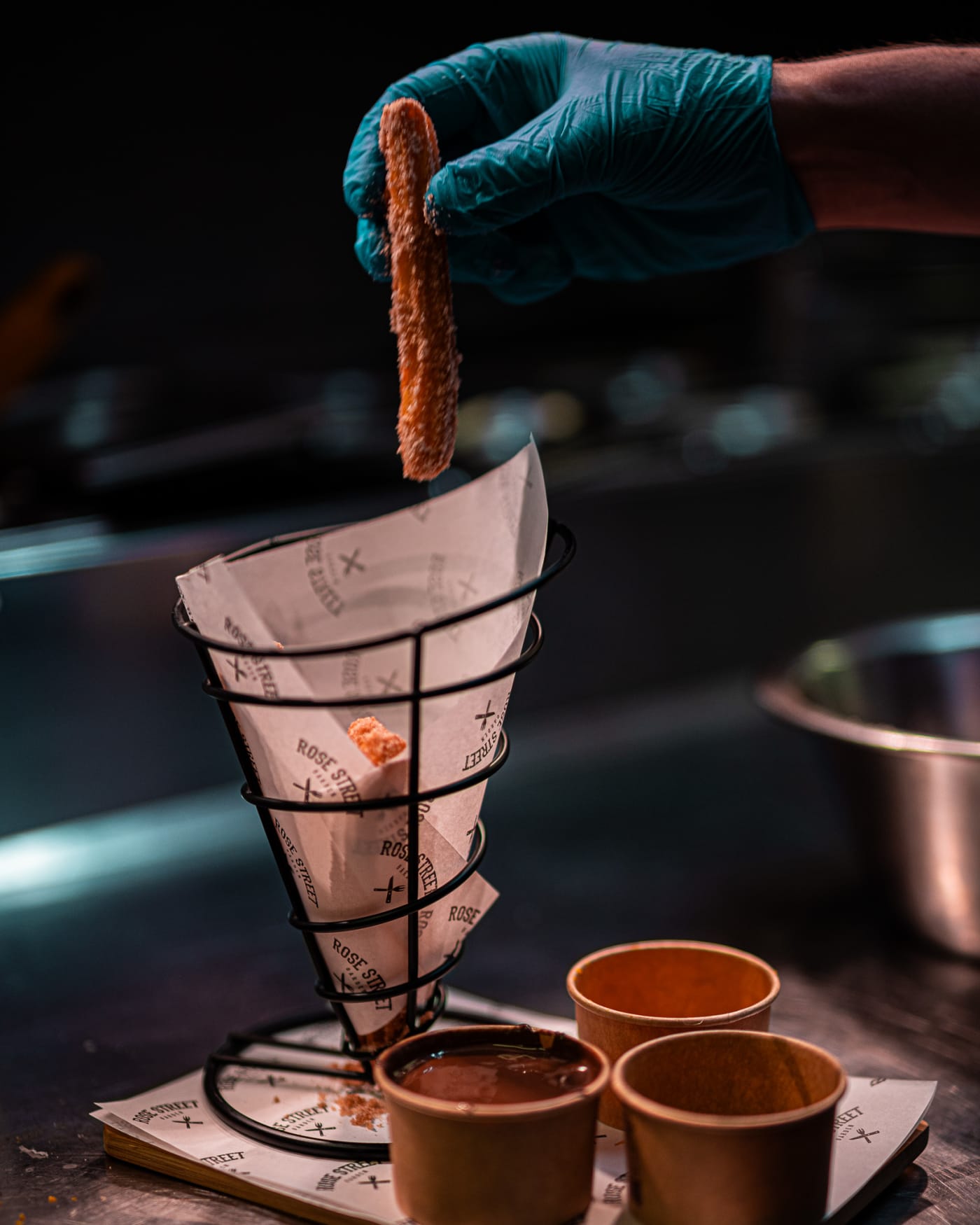 Churros cone with dipping pots at Rose Street Garden, Edinburgh