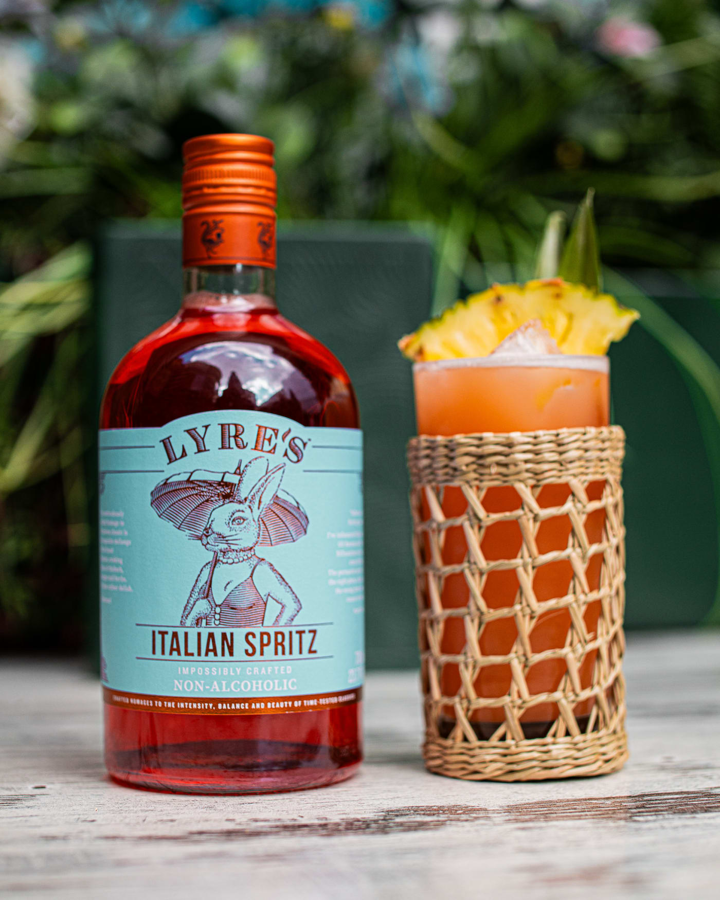 Lyre's Italian Spritz bottle with a pineapple serve at Rose Street Garden, Edinburgh