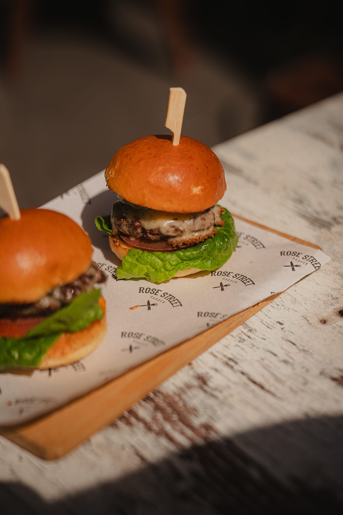 Beef sliders on a wooden board at Rose Street Garden, Edinburgh