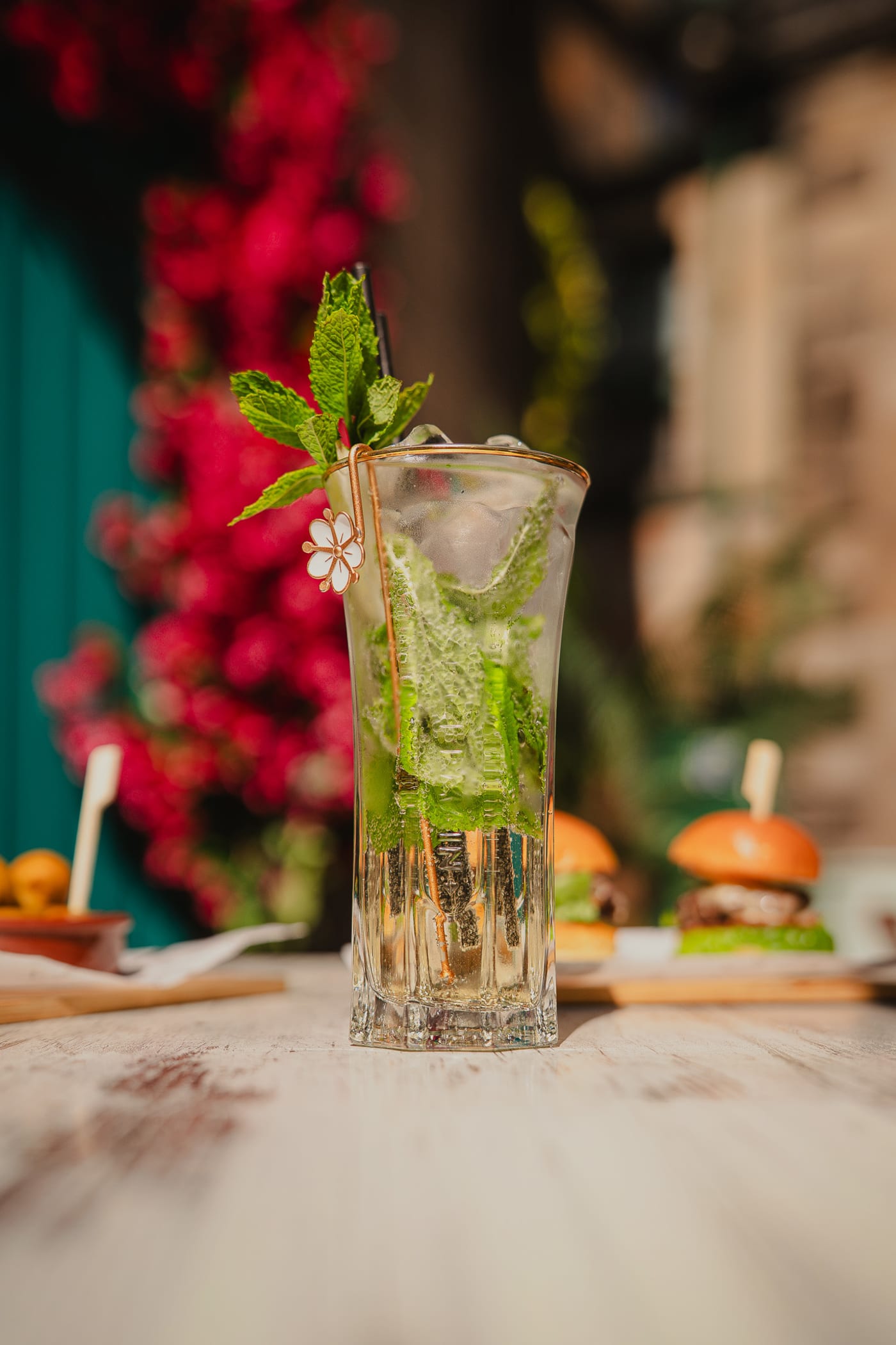 Mojito by the pink flowers at Rose Street Garden, Edinburgh