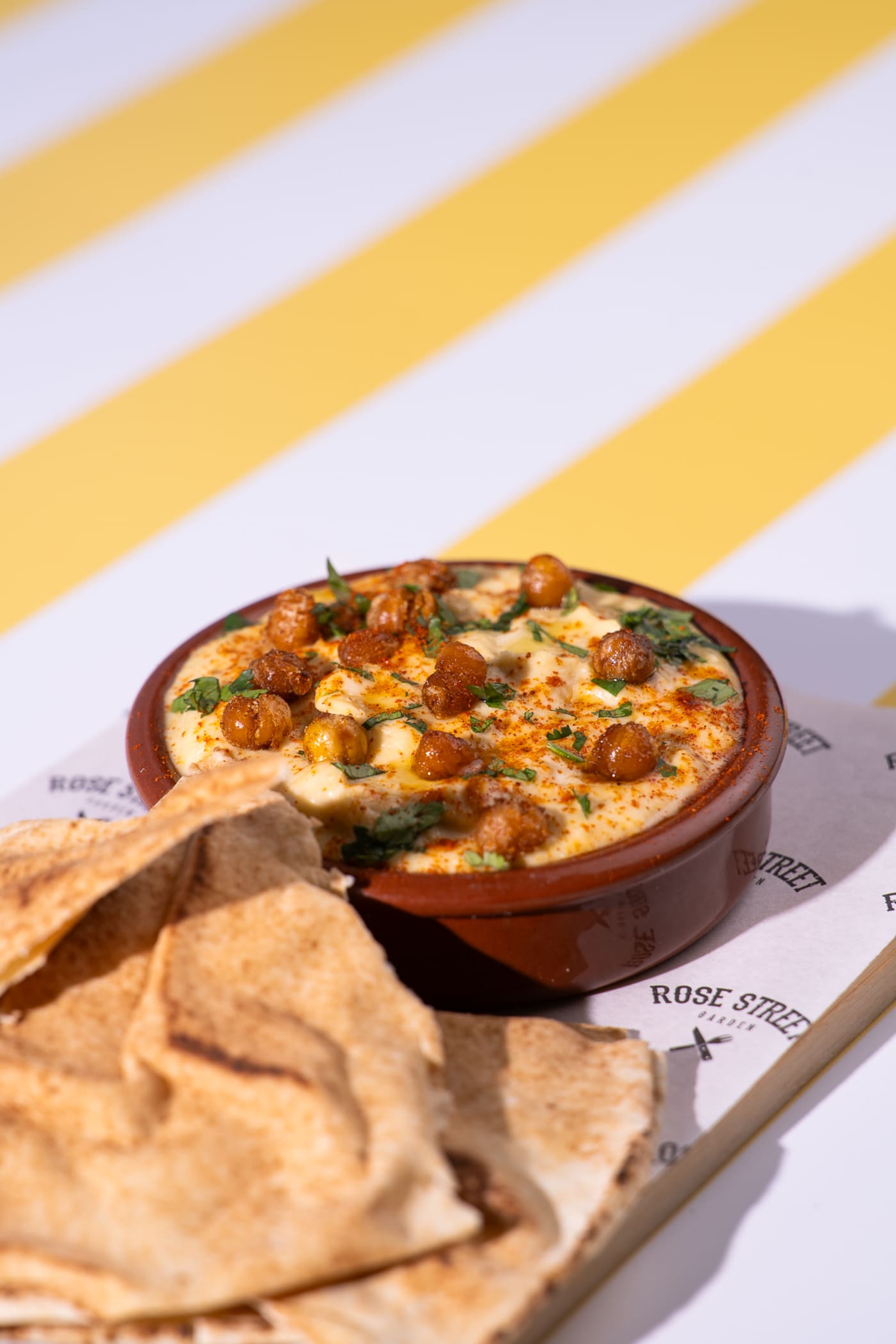 Hummus with roasted chickpeas and flatbread at Rose Street Garden, Edinburgh