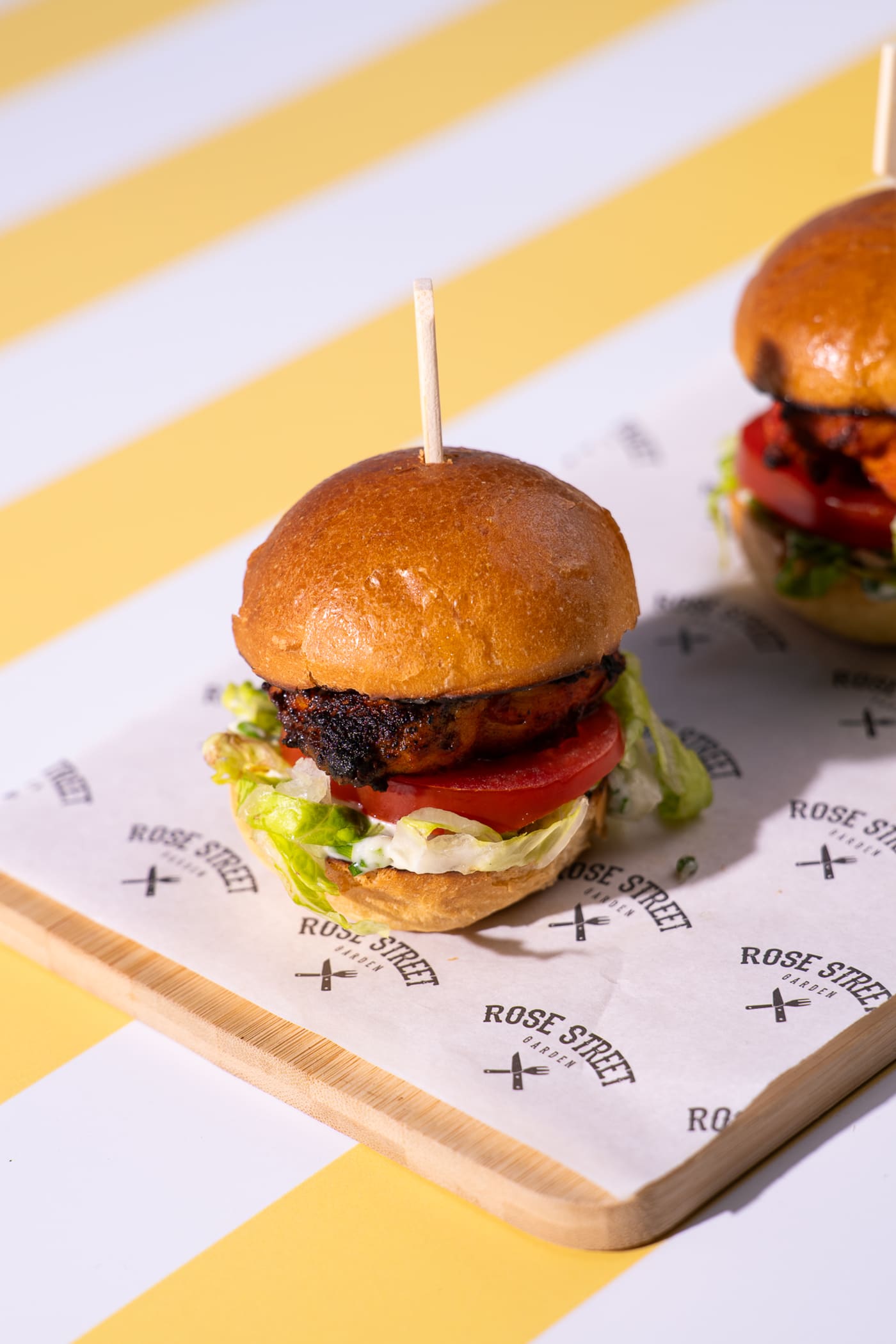 Chicken slider close up on the striped set at Rose Street Garden, Edinburgh
