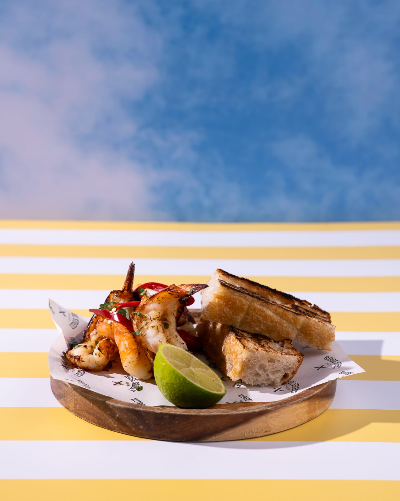 Grilled king prawns with charred bread and lime at Rose Street Garden, Edinburgh