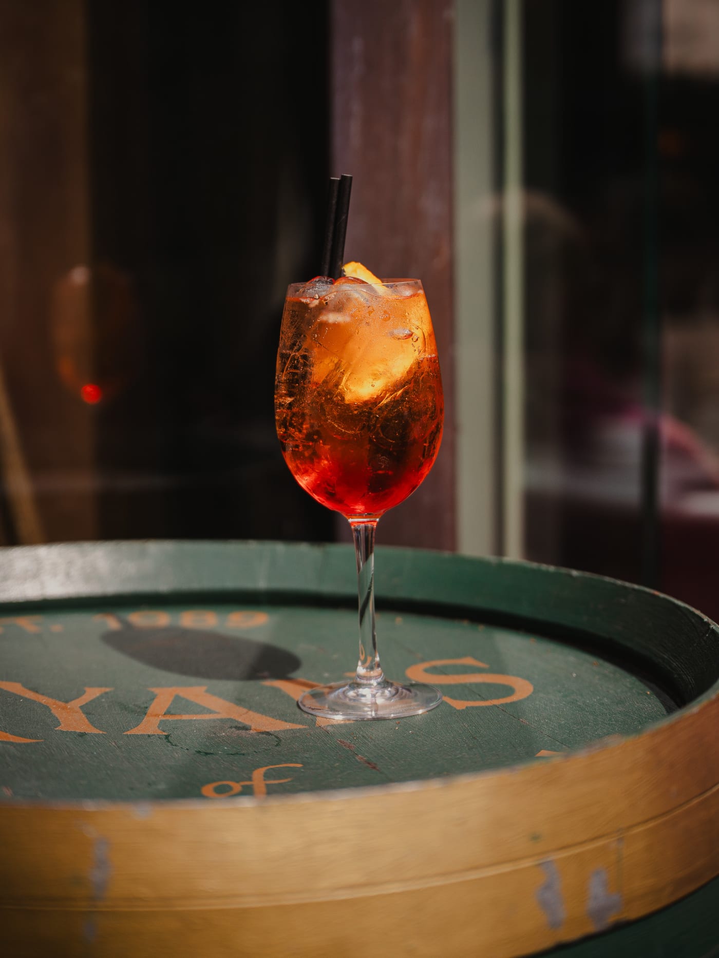 Aperol spritz on the Ryan’s of Edinburgh barrel outside