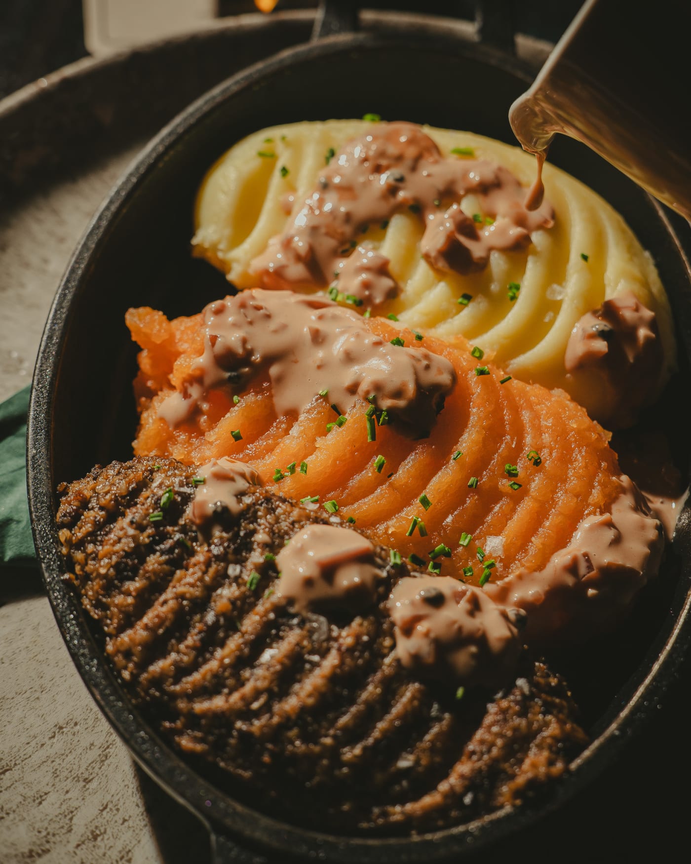 Haggis, neeps and tatties with whisky sauce on Burns Night at Ryan's of Edinburgh
