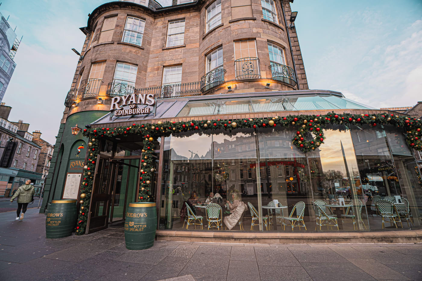 Christmas wreaths on the facade of Ryan's of Edinburgh