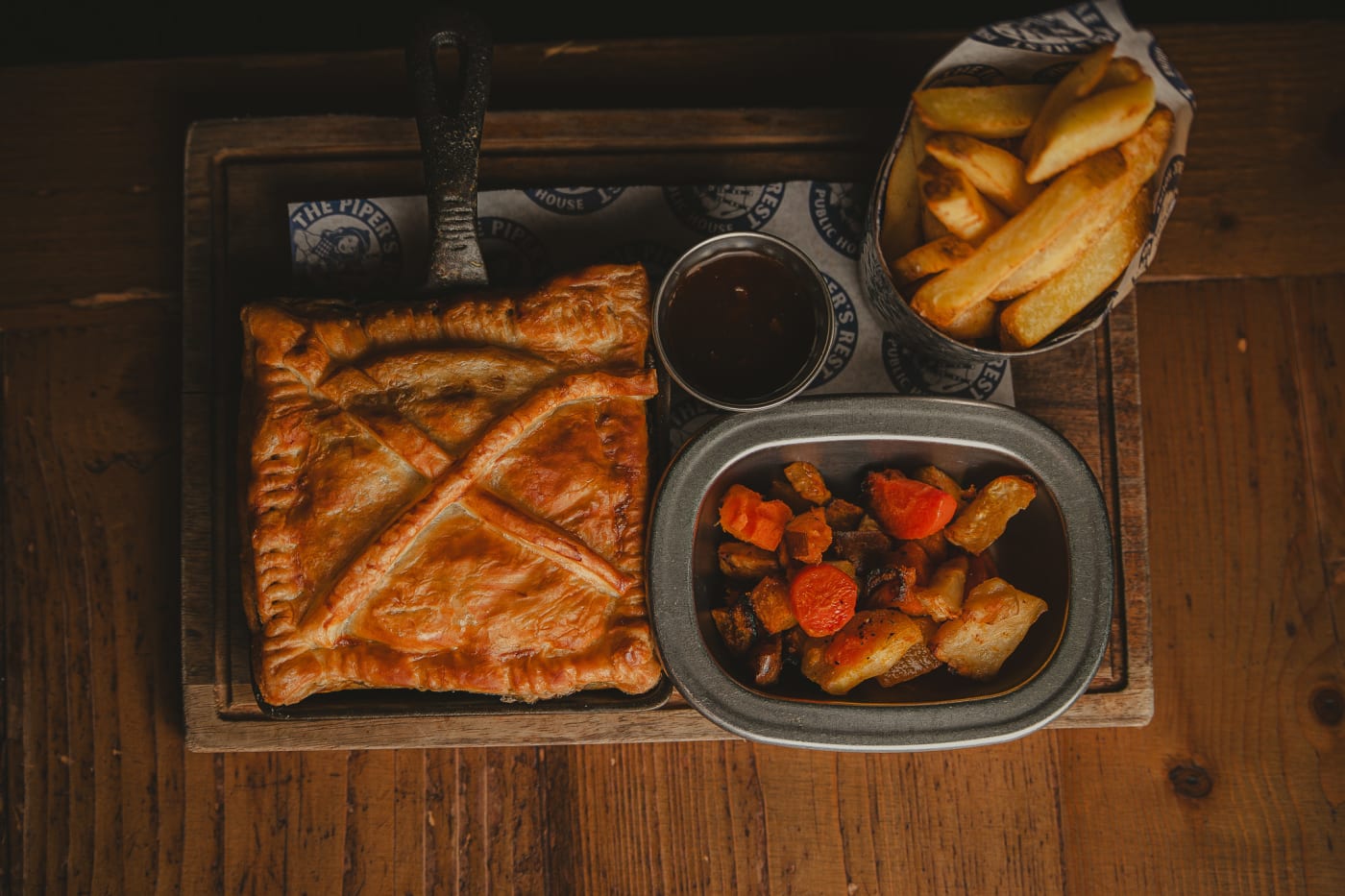 Pie with mash and vegetables at The Piper's Rest, Edinburgh