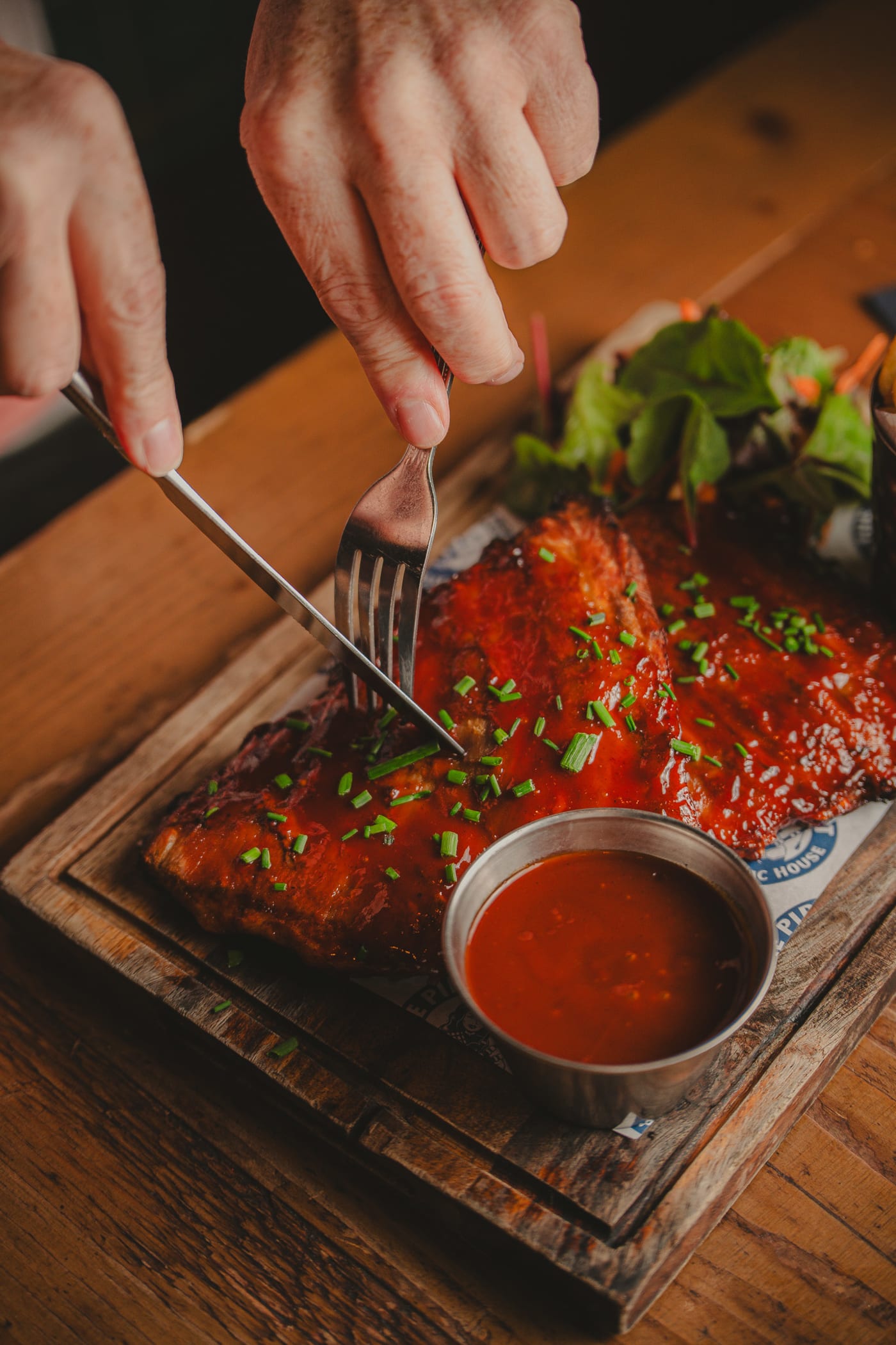 Sharing board with a fork and sauce at The Piper's Rest