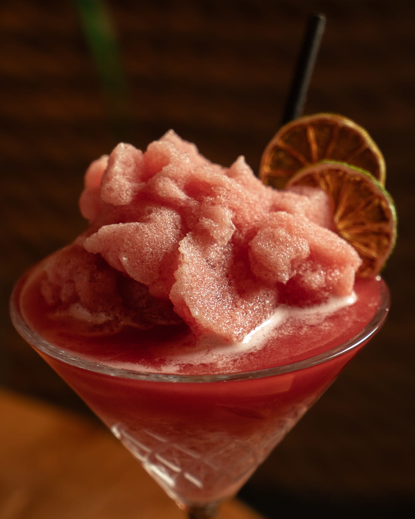 Frozen watermelon cocktail with a dried orange at The Ship Inn, Musselburgh