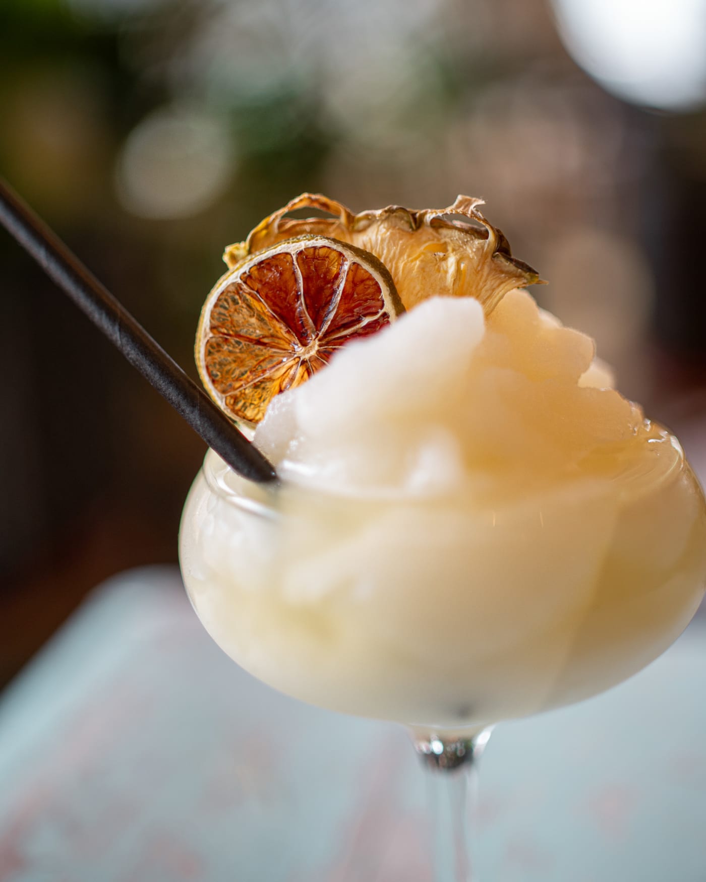 Frozen cocktail garnished with dried orange at The Ship Inn, Musselburgh
