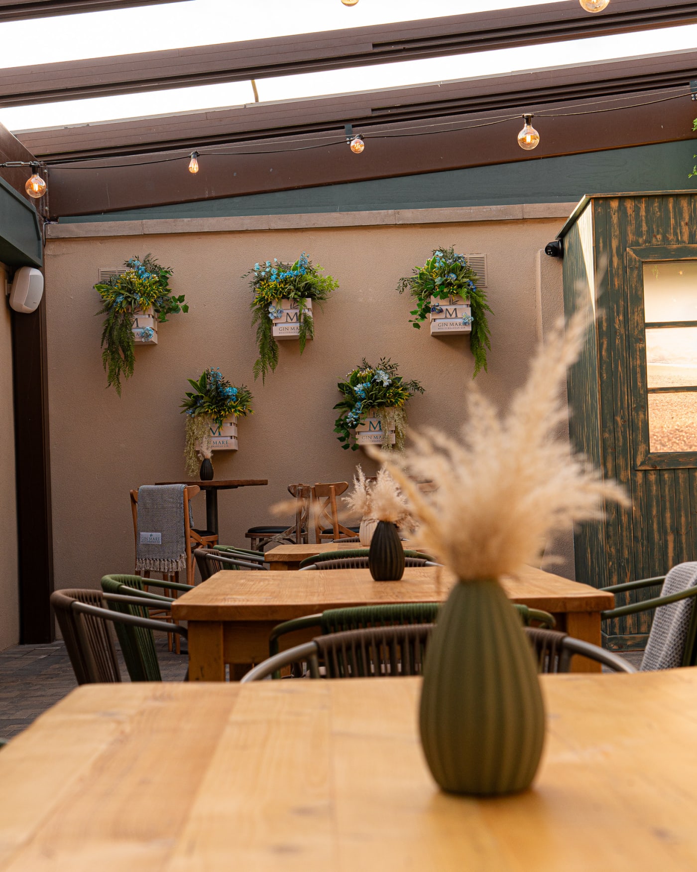 Hanging plants over the bar in The Courtyard at The Ship Inn