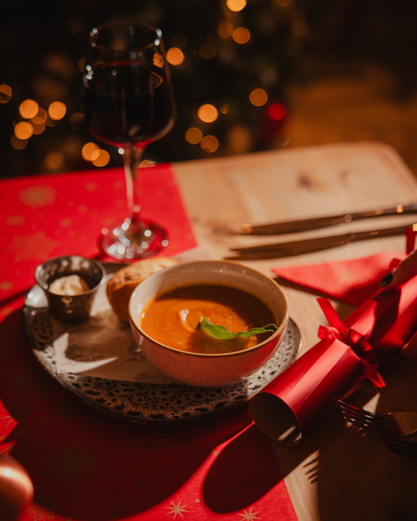 Christmas starter soup on the festive table at The Ship Inn