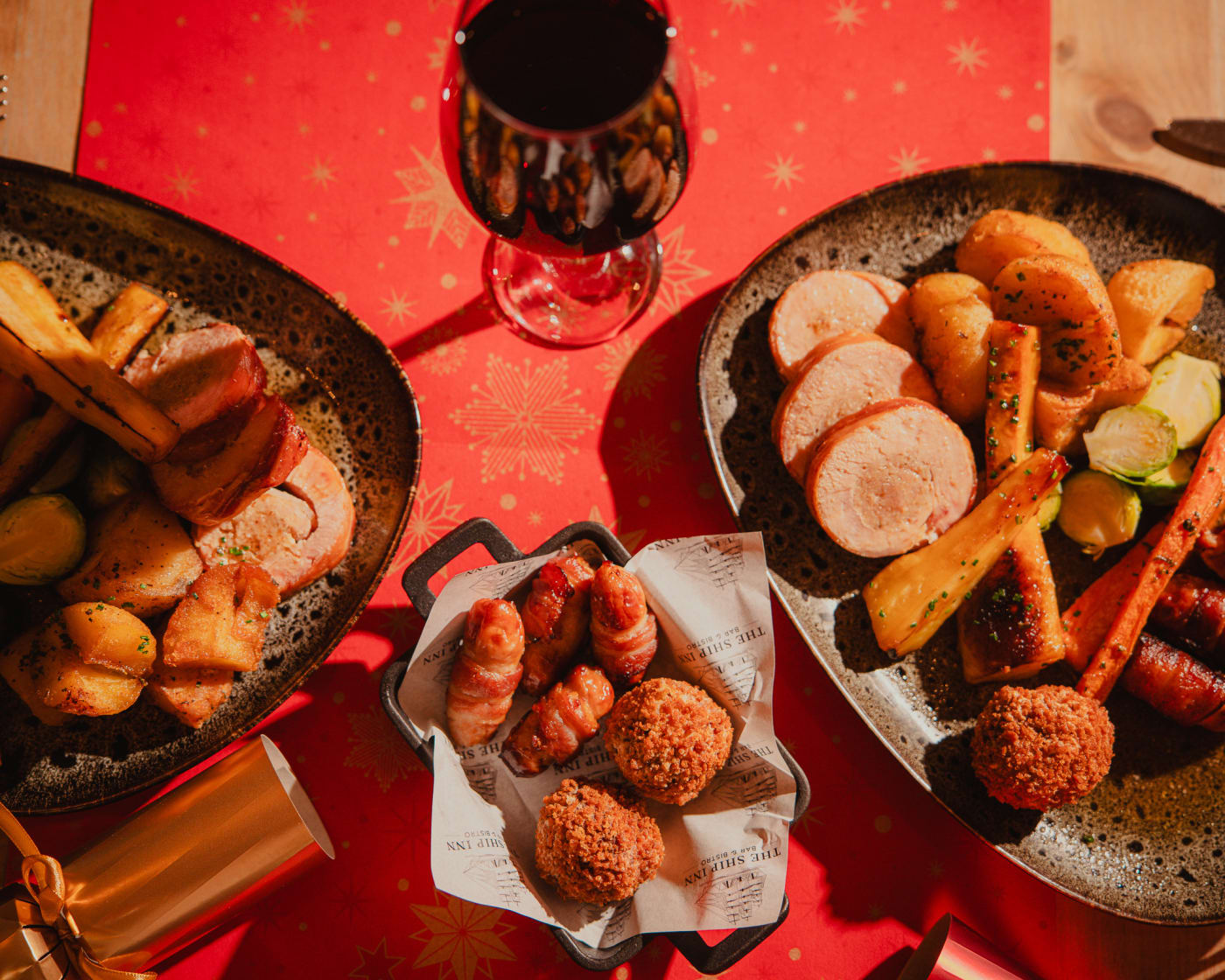 Christmas dinner spread from above at The Ship Inn, Musselburgh