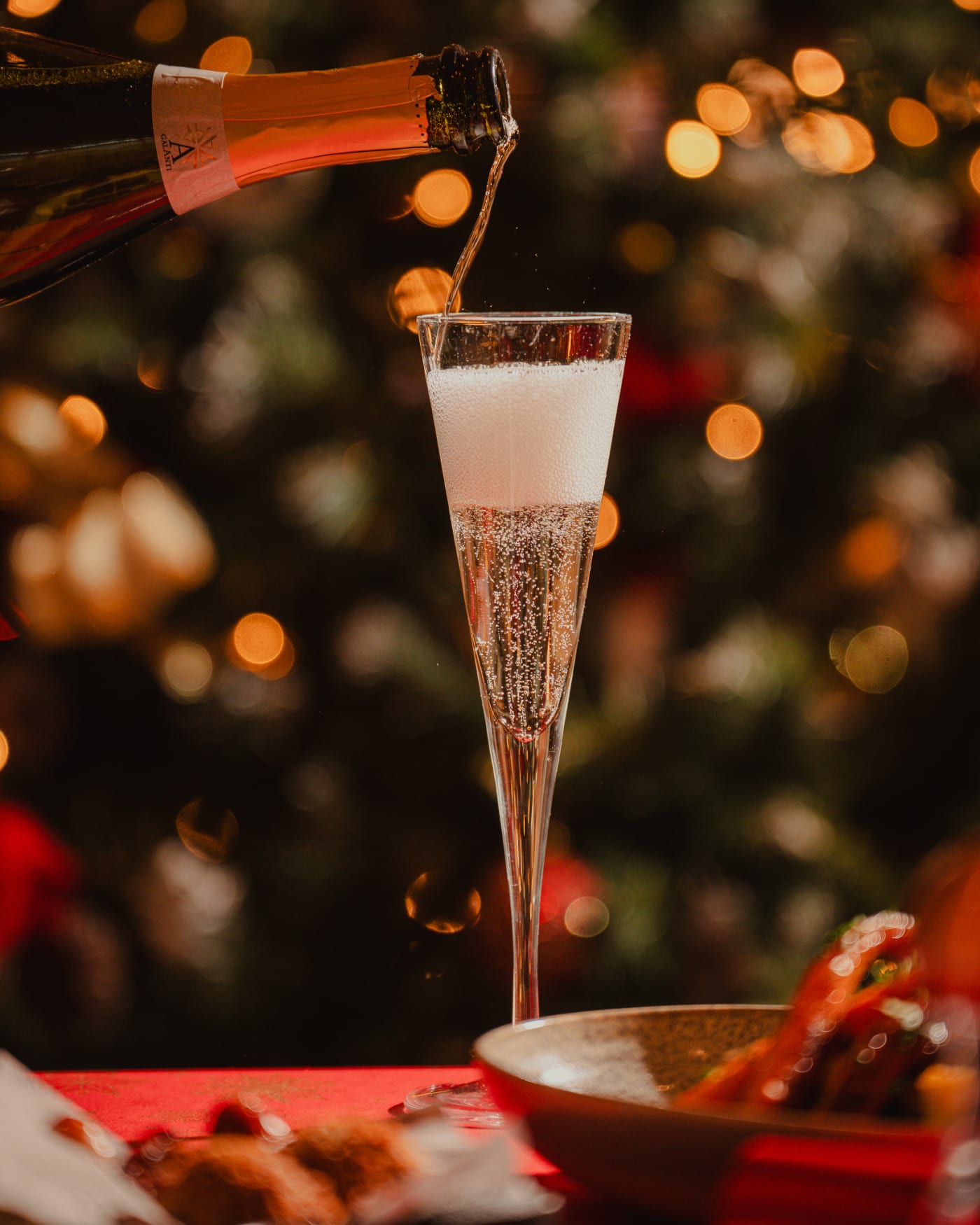 Champagne flute beside the Christmas tree at The Ship Inn, Musselburgh